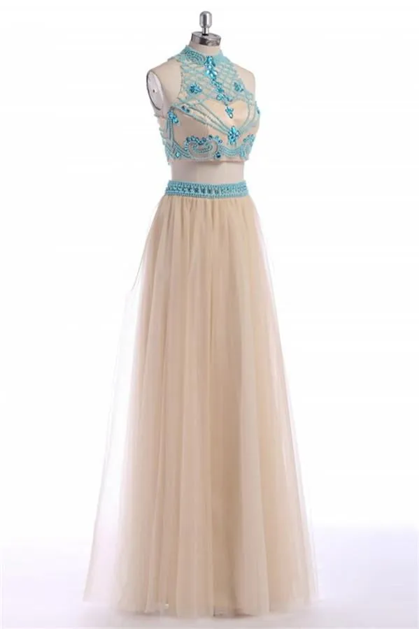 Two Pieces Halter Backless Beautiful Long Prom Dress K40