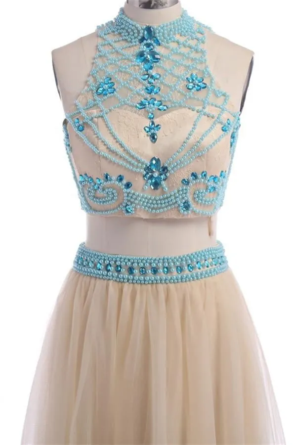 Two Pieces Halter Backless Beautiful Long Prom Dress K40