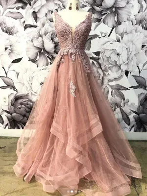 V-neck Dusty Peach Tulle A-line Long Evening Prom Dresses, Cheap Party Custom  Prom Dresses, 18624
