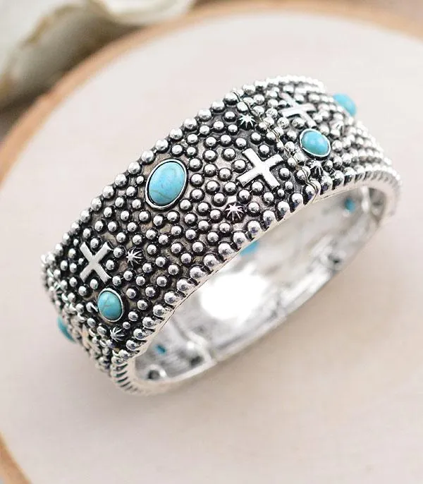 Vance 1" Fashion Silver Cross & Stone Stretch Bracelet