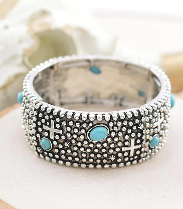 Vance 1" Fashion Silver Cross & Stone Stretch Bracelet