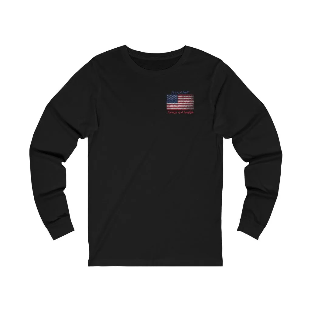 Vintage American Flag Lacrosse 2-Sided Long Sleeve T-Shirt