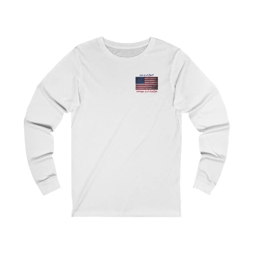 Vintage American Flag Lacrosse 2-Sided Long Sleeve T-Shirt