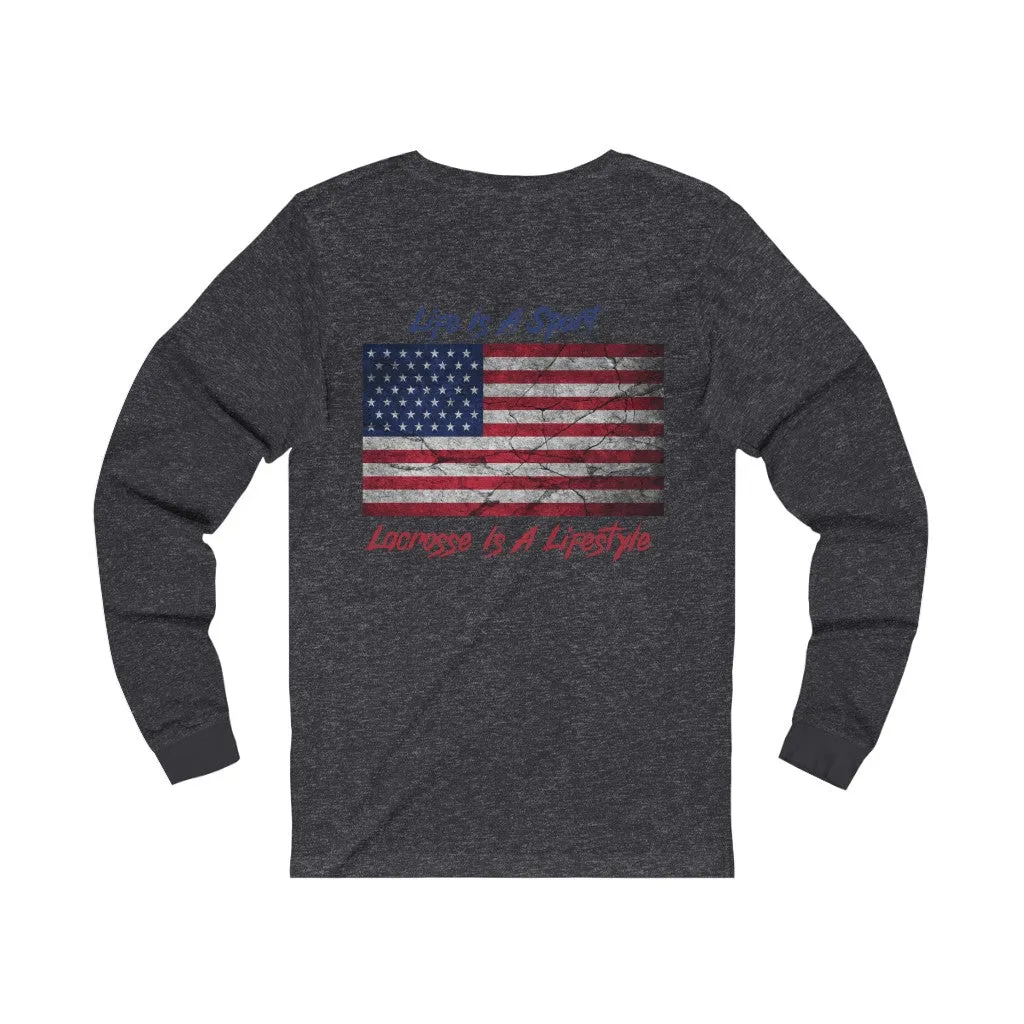 Vintage American Flag Lacrosse 2-Sided Long Sleeve T-Shirt