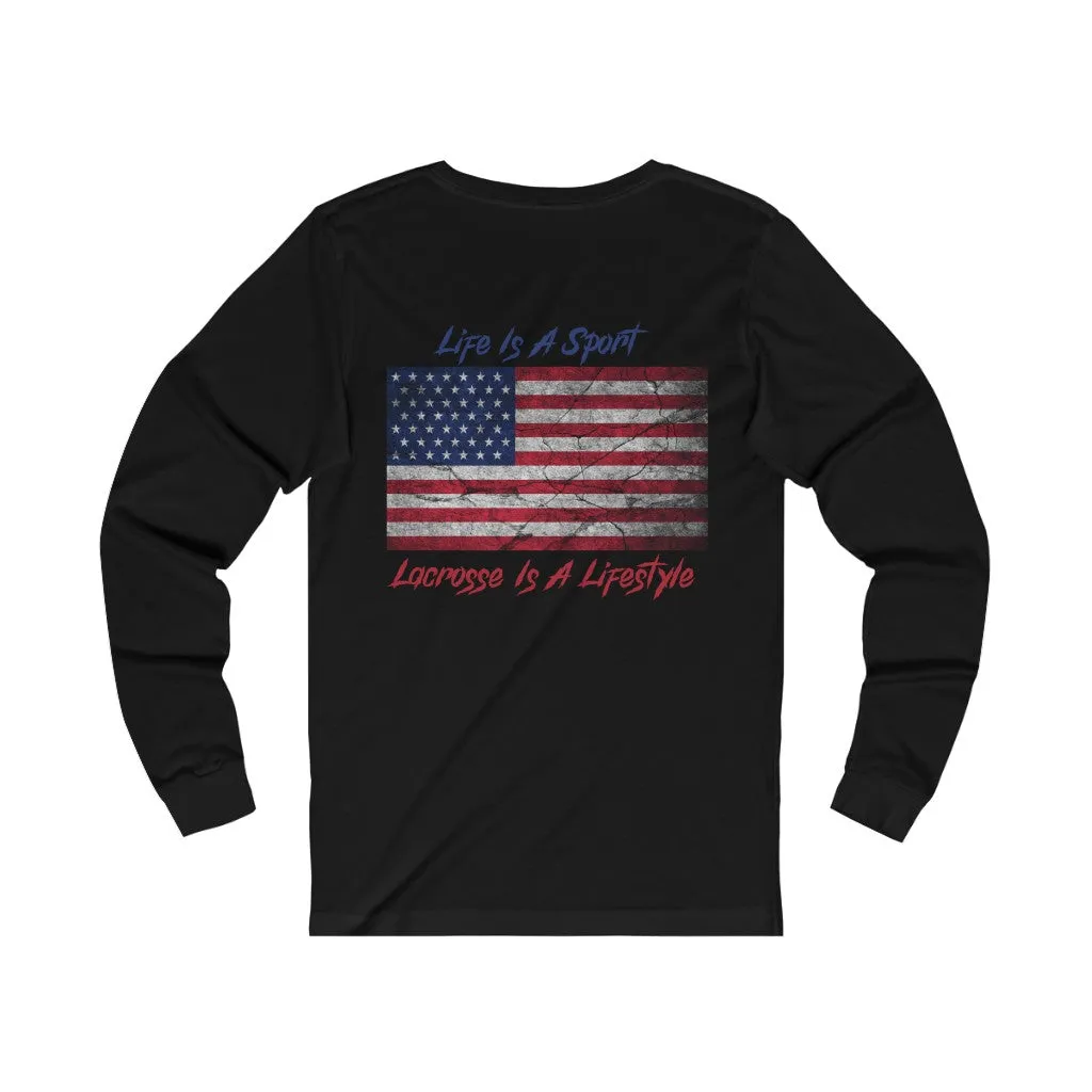 Vintage American Flag Lacrosse 2-Sided Long Sleeve T-Shirt