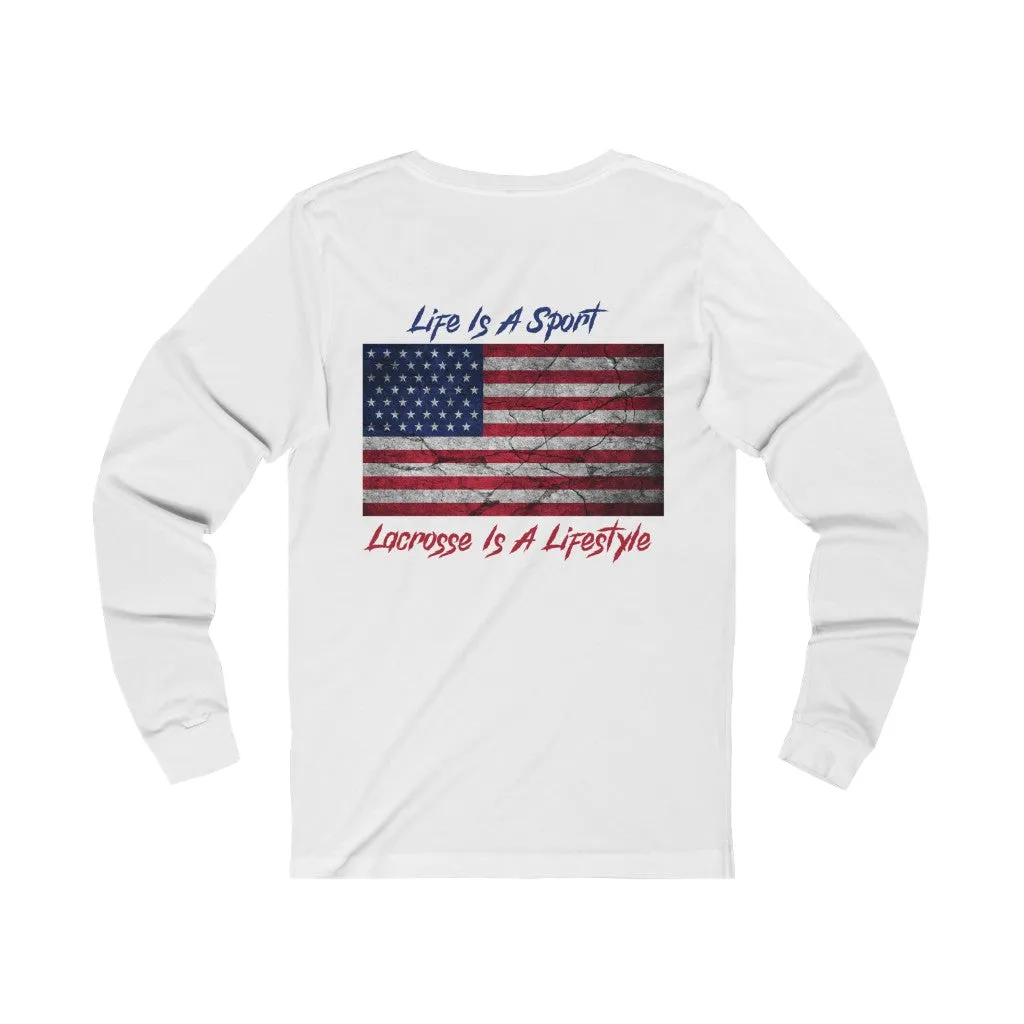 Vintage American Flag Lacrosse 2-Sided Long Sleeve T-Shirt