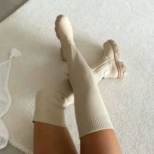 Winter Fashion Solid Color Leather Knitted Over Knee High Heel