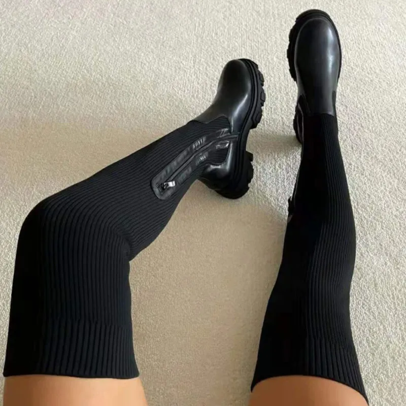 Winter Fashion Solid Color Leather Knitted Over Knee High Heel