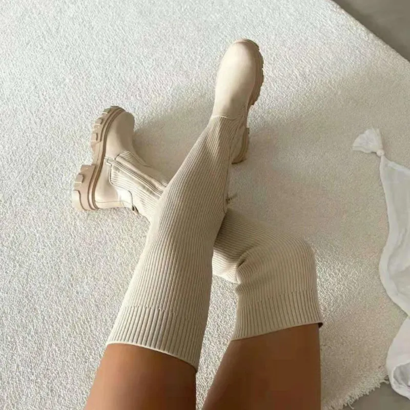 Winter Fashion Solid Color Leather Knitted Over Knee High Heel