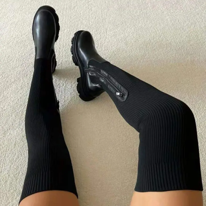 Winter Fashion Solid Color Leather Knitted Over Knee High Heel