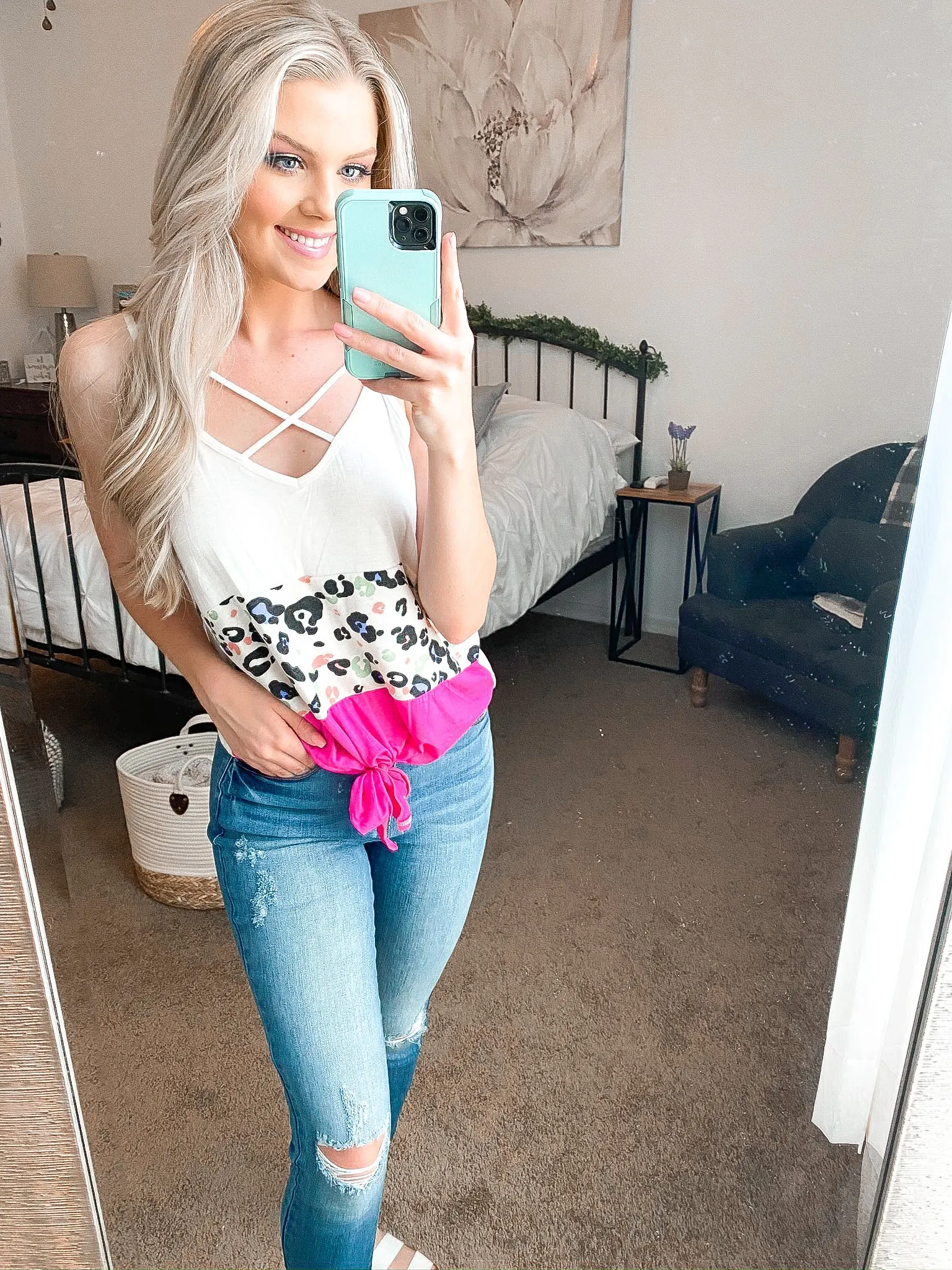 Won't Wait Forever Knotted Tank - Ivory/Fuchsia
