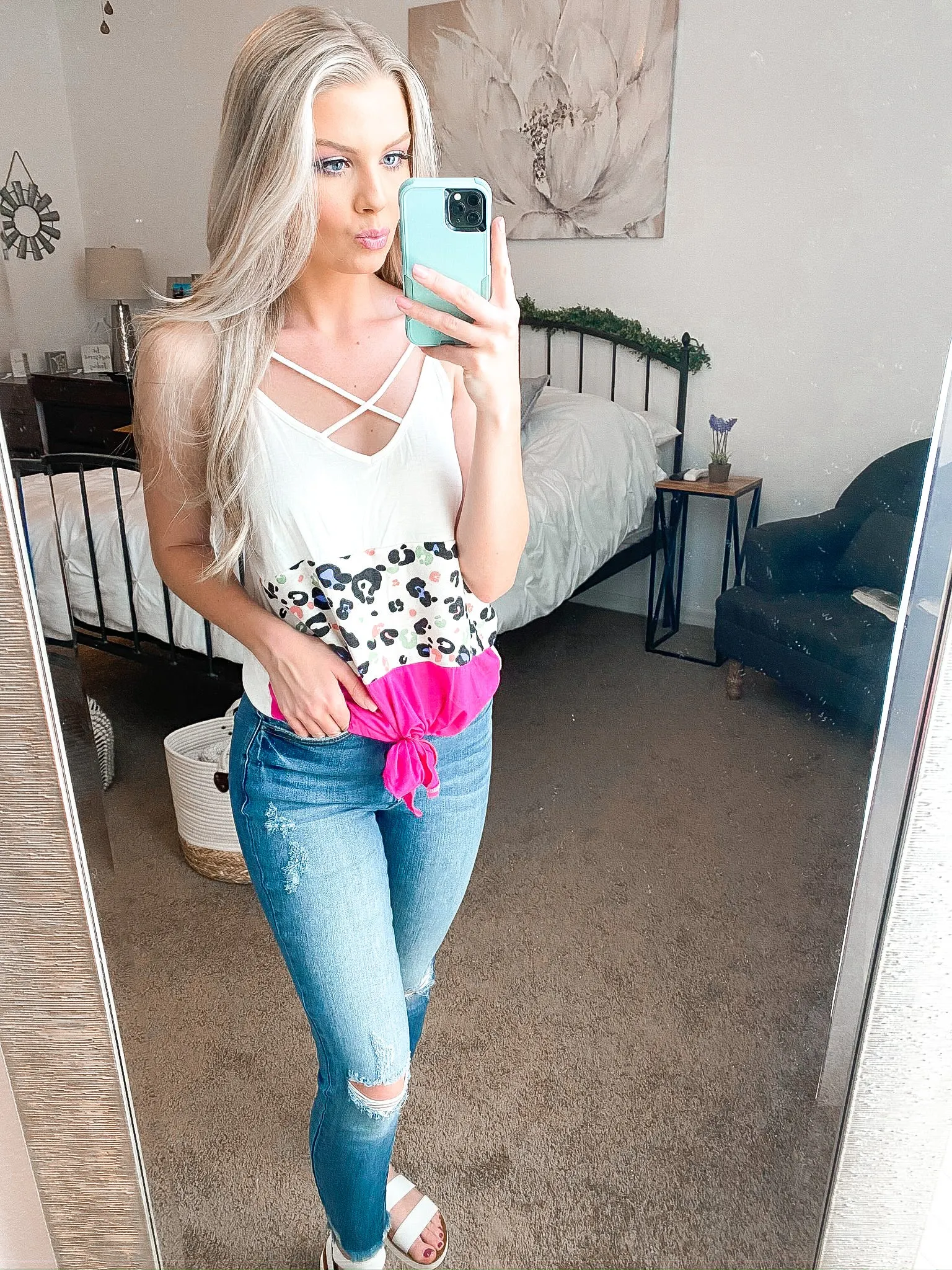 Won't Wait Forever Knotted Tank - Ivory/Fuchsia