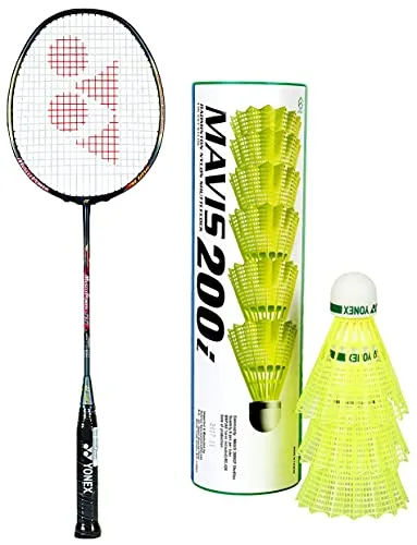 Yonex Muscle Power 55 Badminton Racquet with Free Full Cover (Graphite, G4, 83 Grams, 30 lbs Tension) | Made in Taiwan Yonex Mavis 200i Nylon Shuttle Cock, Pack of 6 (Yellow)