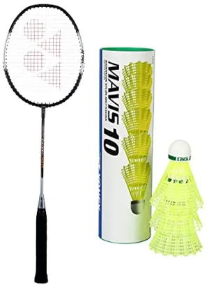 Yonex ZR 100 Light Aluminium Badminton Racquet with Full Cover | Made in India (Black) Yonex Mavis 10 Nylon Shuttlecock, Yellow, Pack of 6 | Made in Japan (Green Cap)